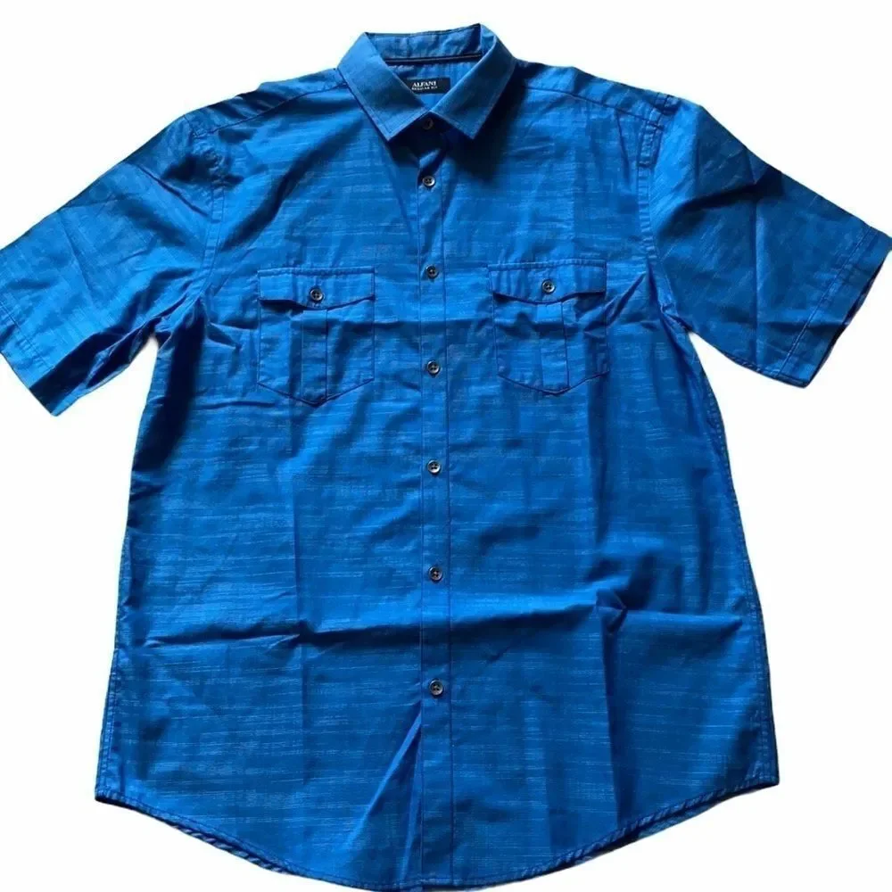 NWOT Alfani Regular Fit Blue Short Sleeve Button Down M Shirt Casual